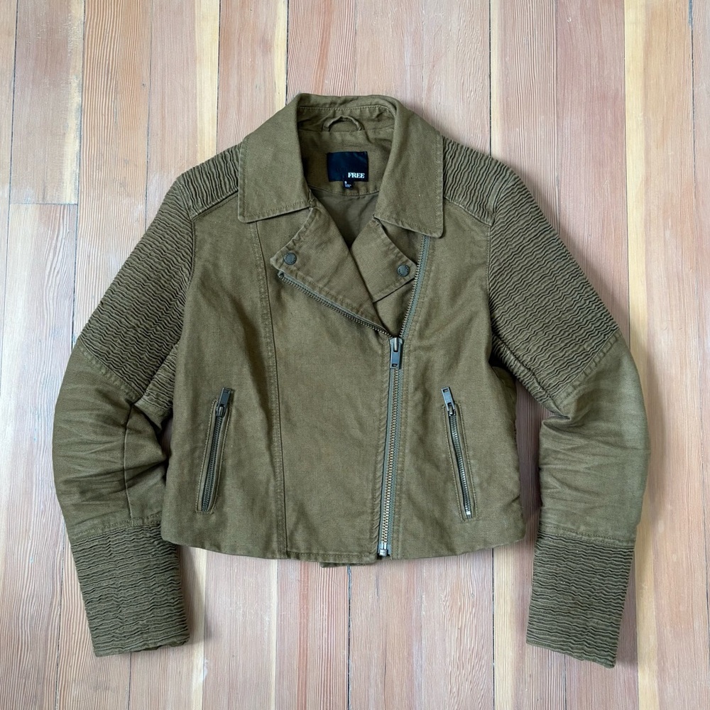 Aritzia Wilfred Free Olive Green Linen Moto Jacket